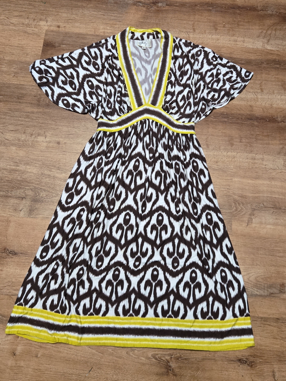 🇺🇸 Milly Of New York Brown & White Printed Dress with Yellow Trim Small